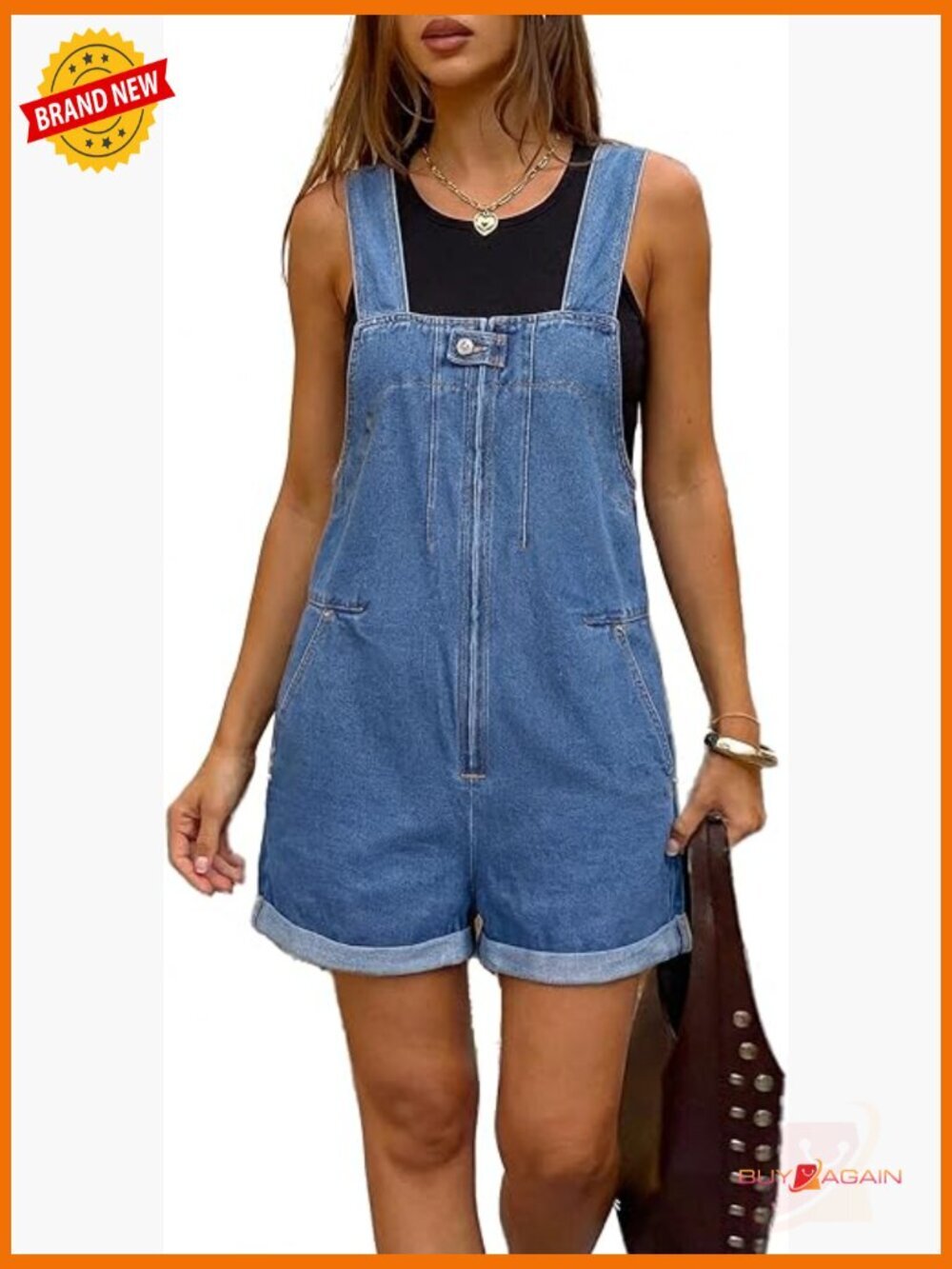 Front Zip Denim Overall Shorts for Women Cuffed Hem Romper Jean Shortalls 4